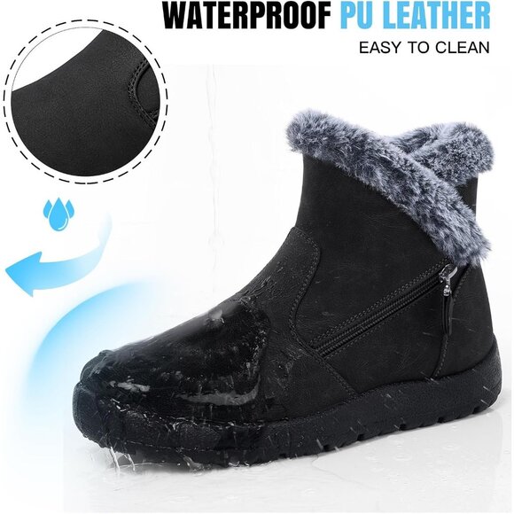 Women's Black Waterproof Winter Boots Warm Fur Lined Anti Slip Mid Calf - Picture 4 of 6